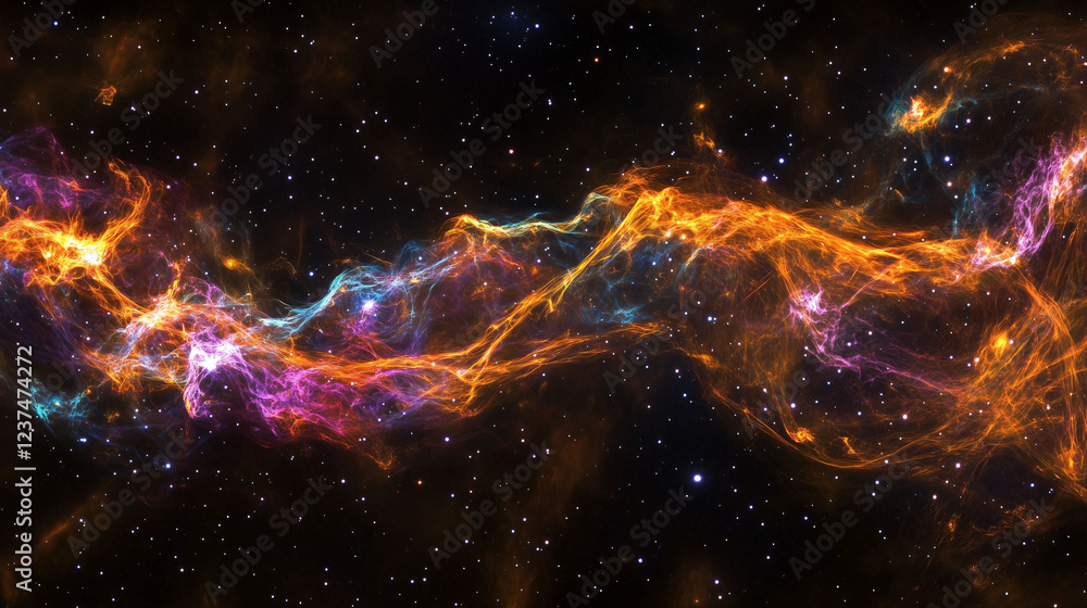 Poster captivating spectacle of intergalactic collision unleashing vibrant cosmic colors in the vast univer
