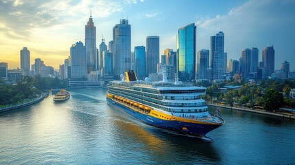 Fototapeta premium Cruise Ship Sailing Past Sydney Skyline at Sunset