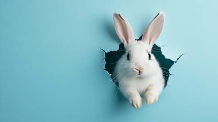 Obraz premium Playful Rabbit Peeking Through a Hole in Light Blue Wall