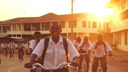 Happy students bike home at sunset, African city background; education, lifestyle image