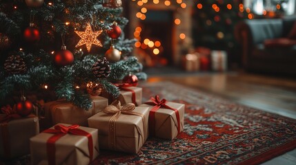 A beautifully decorated Christmas tree with sparkling lights, colorful ornaments, and a glowing star on top, surrounded by wrapped gifts in a cozy living room.