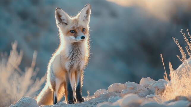 A curious kit fox gazing into the distance, standing on rocky terrain in Salt Lake City, UT.
