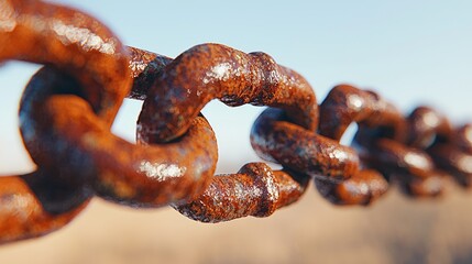 Fototapeta premium Rusty chain links close-up, blurred field background