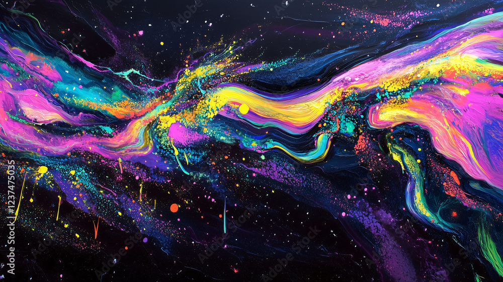 Poster captivating collision of vibrant colors in an intergalactic realm during a stellar phenomenon. gener