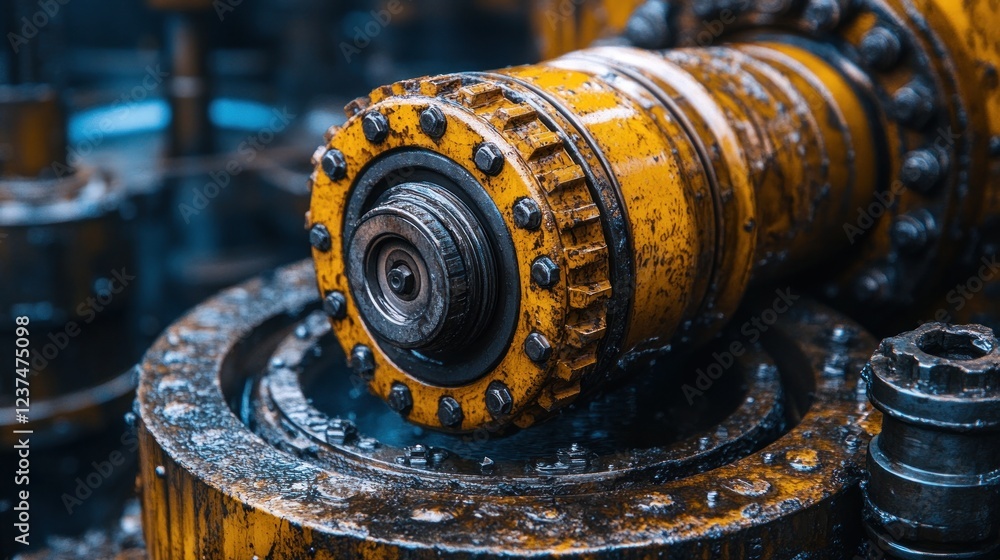 Poster close-up of a rusty industrial machine part in operation