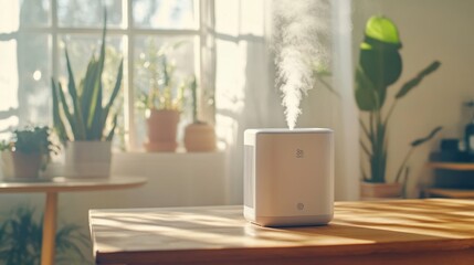 A clean air purifier on a wooden table with a dusty background, highlighting germ prevention indoors.