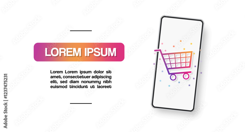 Poster vector design of smartphone with shopping cart glowing with colors and sparkles on white background