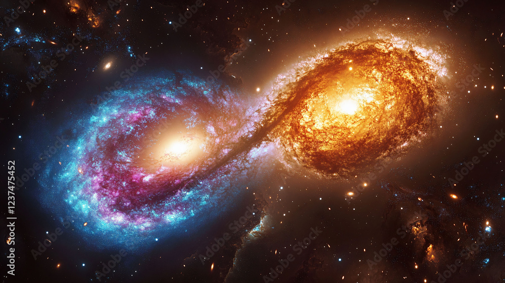 Poster captivating collision between two galaxies in deep space with vibrant colors and swirling cosmic gas