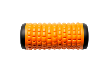 Vibrating orange rubber roller for massage and stretching, isolated on transparent background