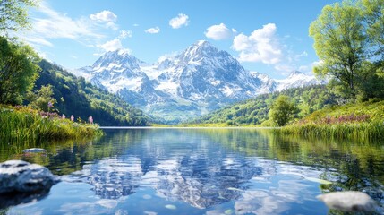 Serene mountain lake, spring wildflowers, sunny sky, calm water reflection