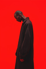 Man in Oversized Coat on Red Background