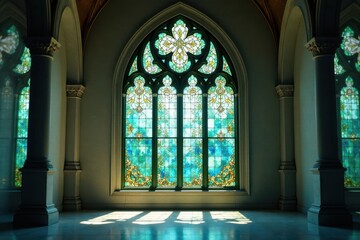 Obraz premium A serene interior space features a magnificent stained-glass window, its vibrant hues casting radiant light onto the polished floor, creating a tranquil and inspiring atmosphere.