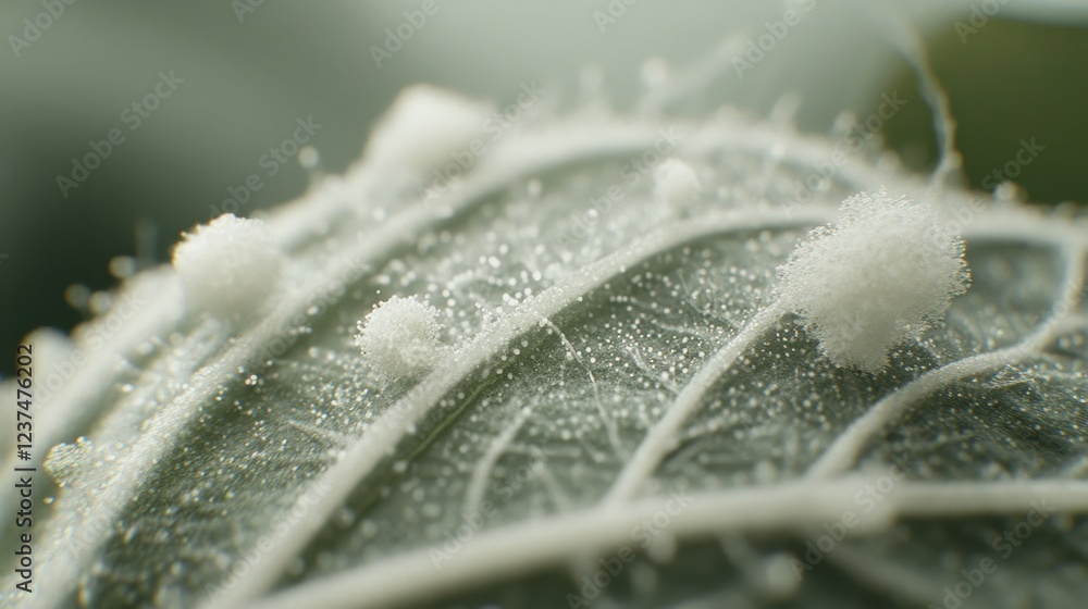 Poster a close-up of pollen and dust particles resting on the surface of a leaf, emphasizing allergens.