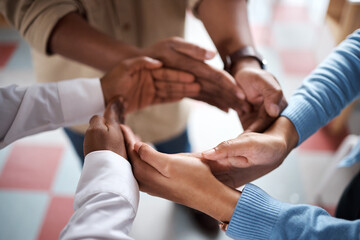 Business, hands circle and people together in office, synergy and motivation support for growth....
