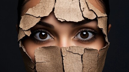 Beneath the Surface: A woman's intense gaze pierces through a mask of peeling, fragmented material, revealing a story of vulnerability, hidden emotions, and a yearning for authenticity.  