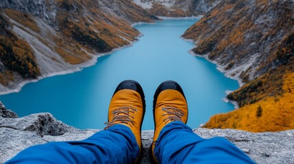 Mountain Lake Vista: A breathtaking view of a serene mountain lake unfolds before a pair of sturdy hiking boots, suggesting a journey's end or a moment of peaceful contemplation.