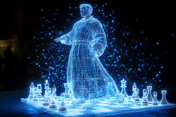 Glowing wireframe of a chess grandmaster making a strategic move
