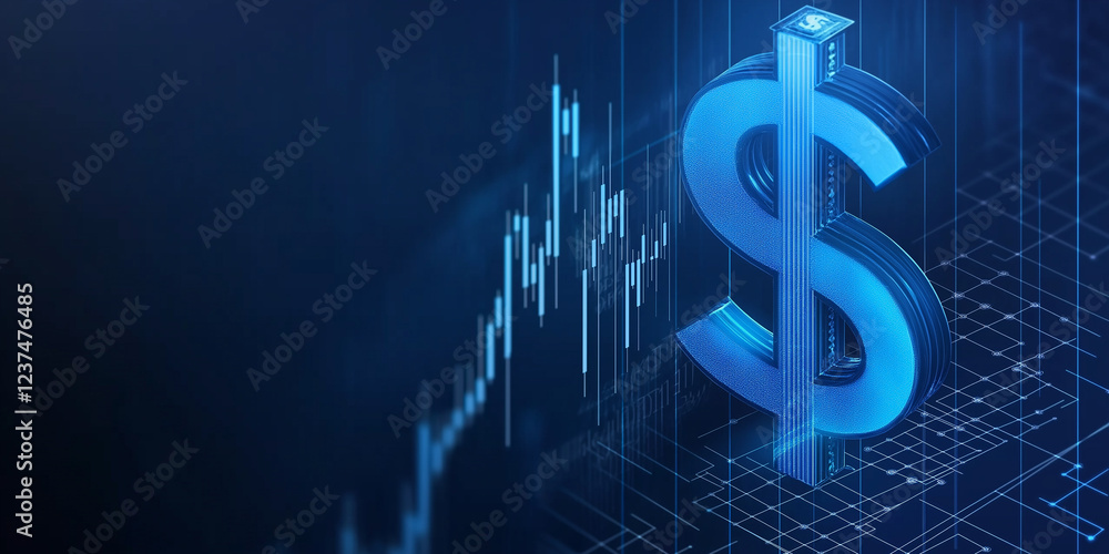 Poster dollar sign increasing with growing graph showing financial success in futuristic digital environmen