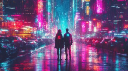 Couple Stands In A Neon Lit Cyberpunk City