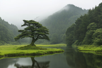 Misty Landscape with Solitary Tree and Reflective Pond