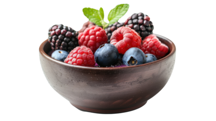 Delicious mixed berries with mint in a wooden bowl on transparent background
