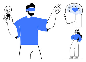 Man with light bulb points forward representing innovation head with heart in brain symbolizes emotional intelligence thoughtful woman connotes reflection. Ideal for creativity, ideas, future