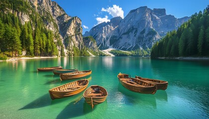 Obraz premium Wooden Boats on a Calm Mountain Lake Surrounded by Majestic Peaks