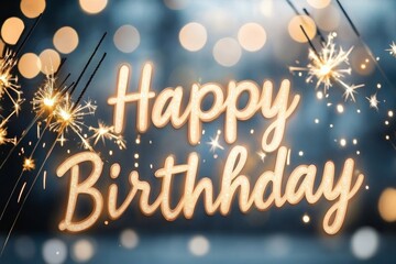 Golden Happy Birthday Background with  Sparkling Lights and Fireworks,words "Happy Birthday" displayed

