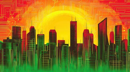 Digital Cityscape At Sunset With Circuitry Overlay