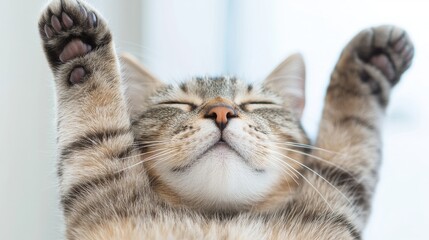 Happy tabby cat stretching indoors, near window