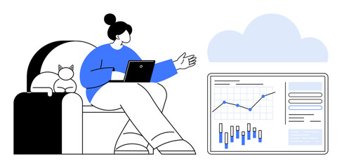 Woman on armchair with laptop pointing to screen displaying graphs beside her relaxed cat. Ideal for remote work, data analysis, technology, cloud computing, home office, productivity, business