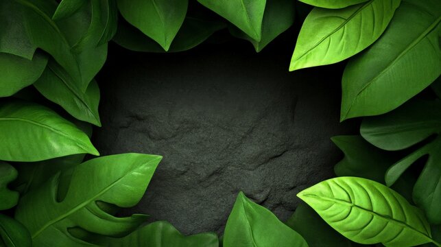 Tropical Leaf Frame on Dark Stone: Lush, vibrant green tropical leaves create a natural frame around a dark gray stone background, offering a versatile backdrop for text or design elements. - Powered by Adobe