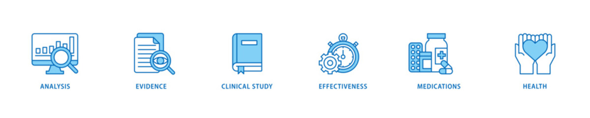 Clinical research icon set flow process which consists of analysis, evidence, clinical study, effectiveness, medications and health icon live stroke and easy to edit .