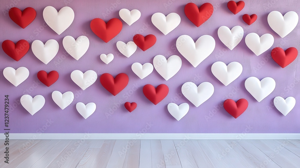 Poster valentine backdrop with white and red heart stickers of various sizes, layered to create a 3d effect