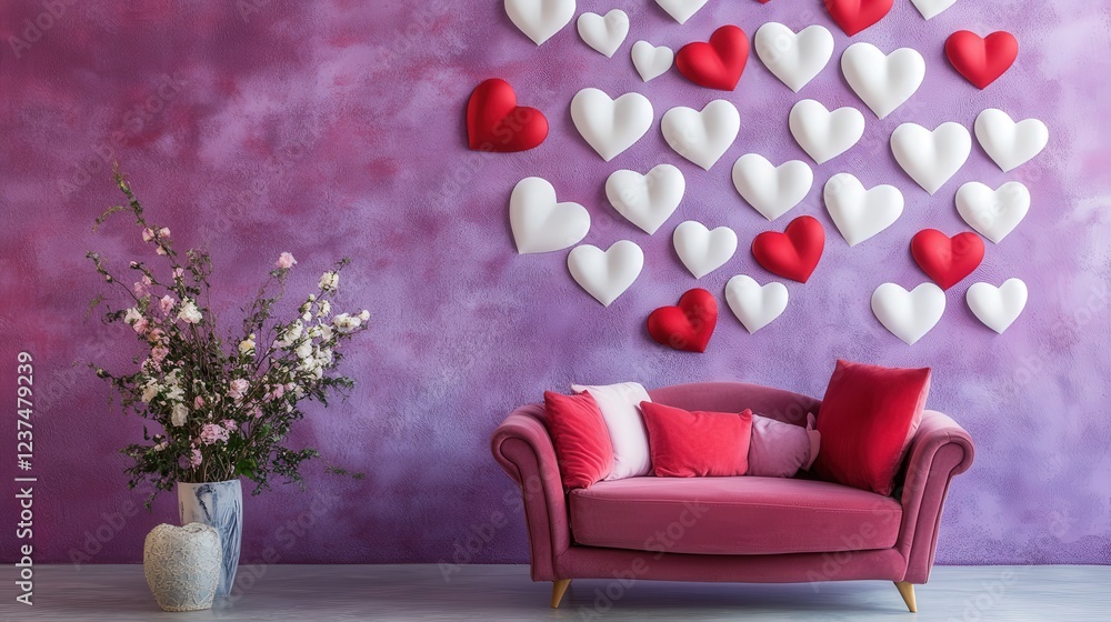 Aufkleber valentine backdrop with white and red heart stickers of various sizes, layered to create a 3d effect