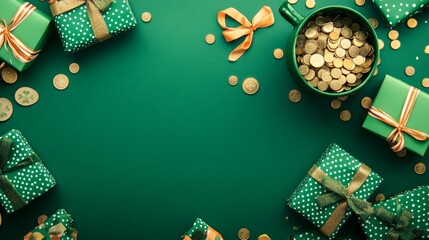 St. Patrick's Day concept, top view of gift boxes with polka dot paper in green color.