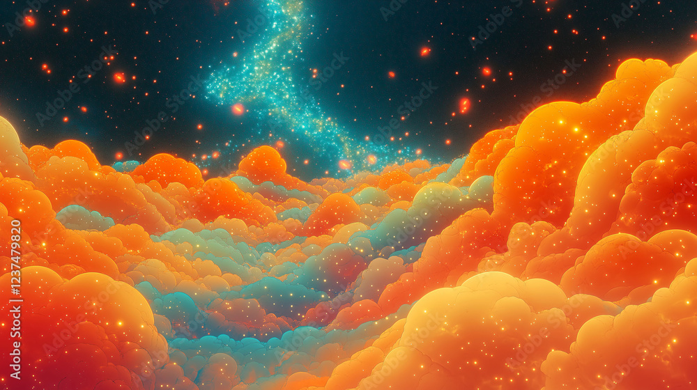 Poster vibrant cosmic art features illuminated clouds and distant stars in stunning colors. created with ge