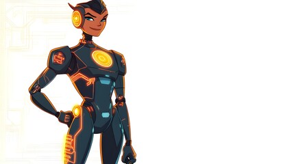 A futuristic female android stands confidently against a white background