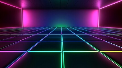 Neon grid floor in dark room; vibrant background for event promotion