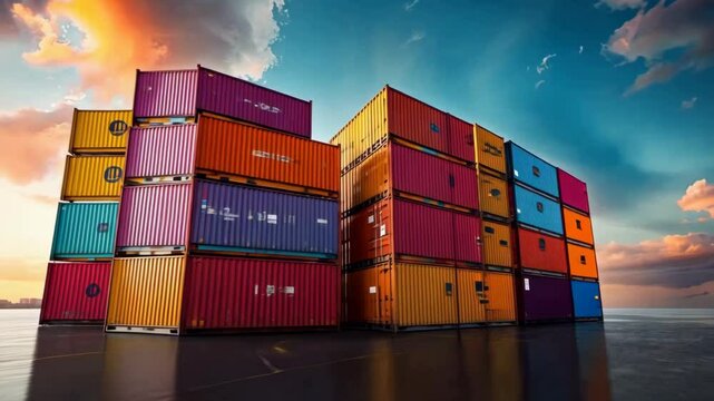 Vibrant Cargo Containers at Sunset: A Stunning Display of Global Trade