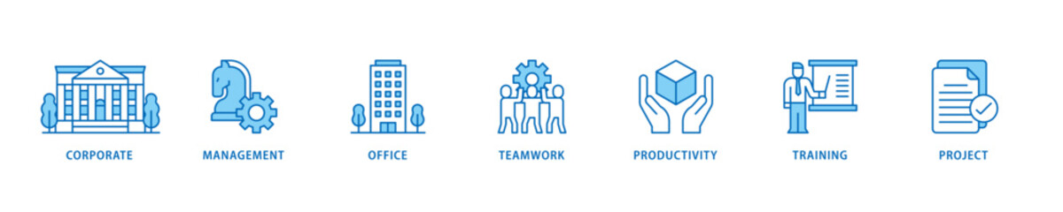 Corporate management icon set flow process which consists of corporate, management, office, teamwork, productivity, training and project icon live stroke and easy to edit .