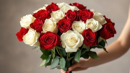 Valentine's Day moment with a woman hands presenting a bouquet of red and white roses with a smile