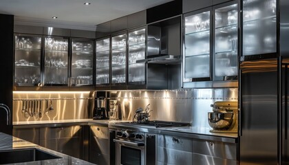 Glamorous kitchen with metallic accents and glass-front cabinets