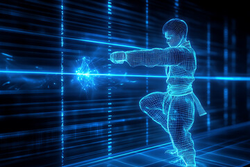 Dynamic glowing wireframe illustration of a karate master performing martial arts moves