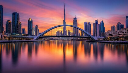 Fototapeta premium Dubai Skyline Sunset Bridge Reflection Cityscape