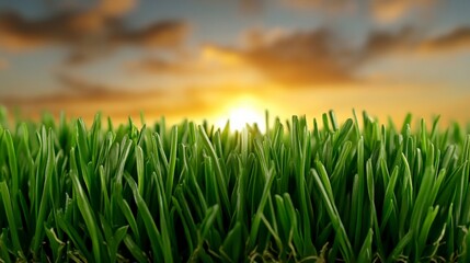 Fototapeta premium Sunset Grass Blades: Close-up view of vibrant green grass blades silhouetted against a breathtaking sunset, showcasing the warm hues of the sky and the delicate texture of nature. 