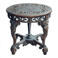 A vintage, intricately designed cast iron table featuring ornate legs and a decorative top, ideal for a classic or rustic decor.