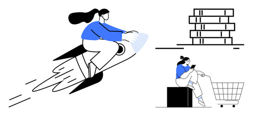 Woman on rocket symbolizes rapid growth or innovation books stacked represent knowledge person sitting next to shopping cart signifies consumer behavior. Ideal for business, education, e-commerce