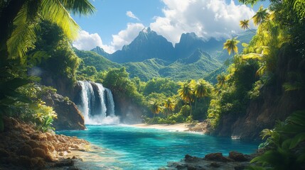 Fototapeta premium Serene Paradise: Remote Volcanic Island Oasis Amidst Lush Vegetation and Crystal-Clear Waters