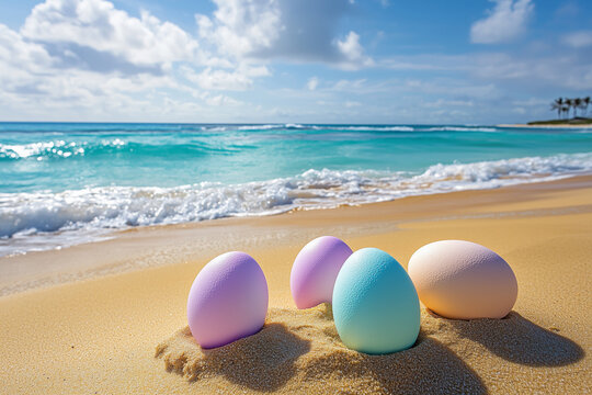 easter egg with tropical beach with pink sand and blue sky